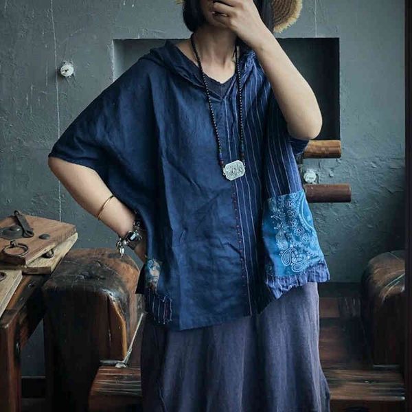 

johnature autumn women patchwork loose striped hooded t-shirts casual pockets vintage v-neck casual 210521, White