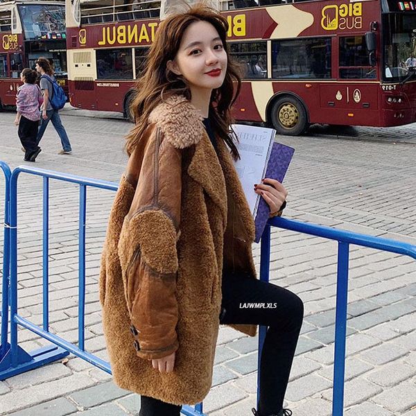 

women's fur & faux winter 2021 lamb coat mid-length large size pu leather patchwork collar cotton-padded, Black