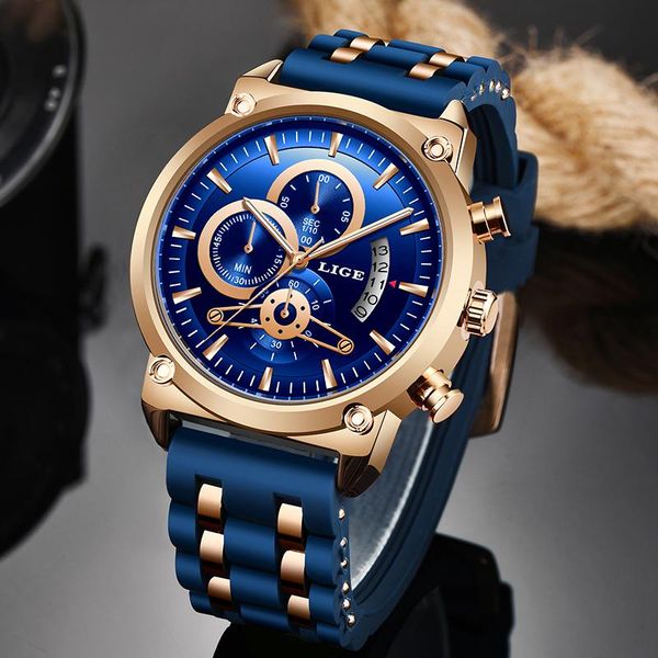

wristwatches silicone watches mens sport chronograph lige fashion men fo watch waterproof luminous quartz reloj hombre, Slivery;brown