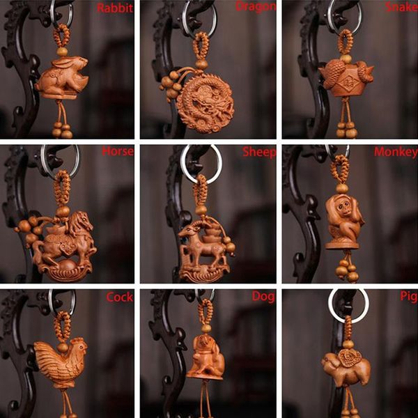 

keychains 12 zodiac keychain natural wood keyring animal tiger sheep monkey snake gift for kids, Silver