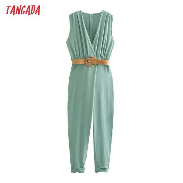 Tangada Mulheres Verde Com Cinto Longo Jumpsuit Plissado Sem Mangas De Bolso Zipper Feminino Jumpsuit Casual QD60 210609