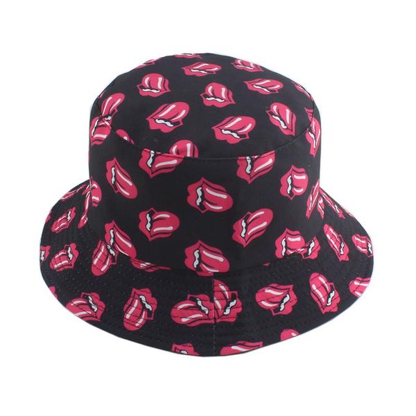 

wide brim hats streetwear hip hop caps harajuku mouth tongue print cartoon black bucket for men women reversible fishmerman hat, Blue;gray