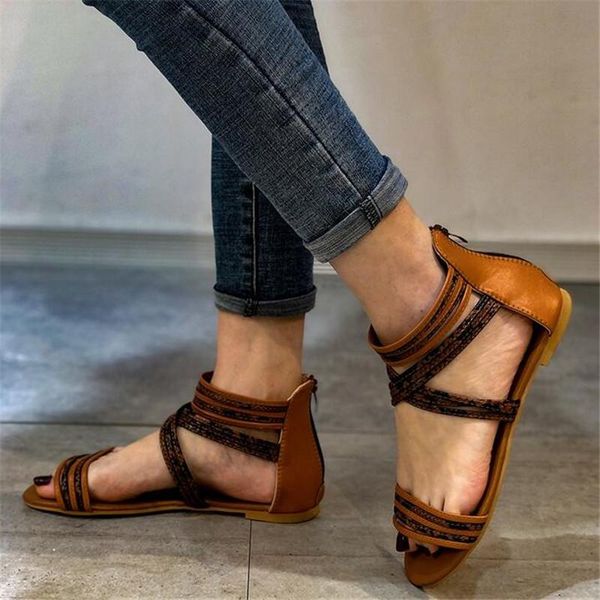 

sandals flat bottom women's large size style fashion casual platform womens shoes zipper women slippers, Black