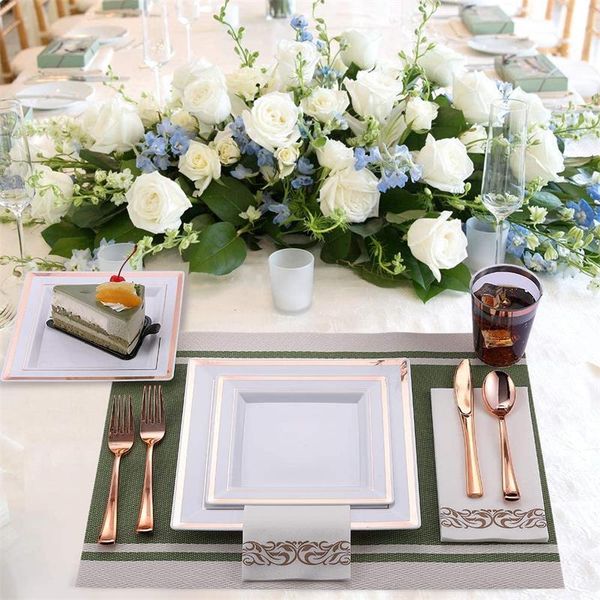 

disposable dinnerware wedding party gold set 25 guest square plastic plates rose silverware for birthday christmas
