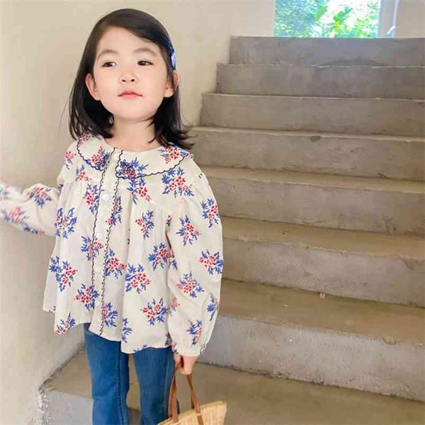 Primavera Autunno Ragazze Camicia Fiore Pizzo Laterale Top a maniche lunghe Piccolo risvolto Monopetto Fresco Bambino Abbigliamento per bambini 210625