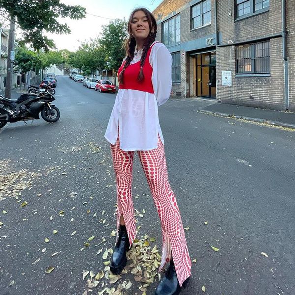 

women's pants & capris women casual trumpet trousers fashion dot printing high waist stretch split long spring autumn clothing, Black;white
