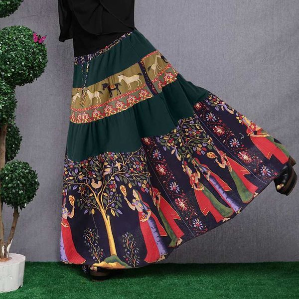 

skirts casual holiday long dress women cotton cartonn printed elastic waist beach maxi pleated skirt bohemian robe kaftan zgzx, Black