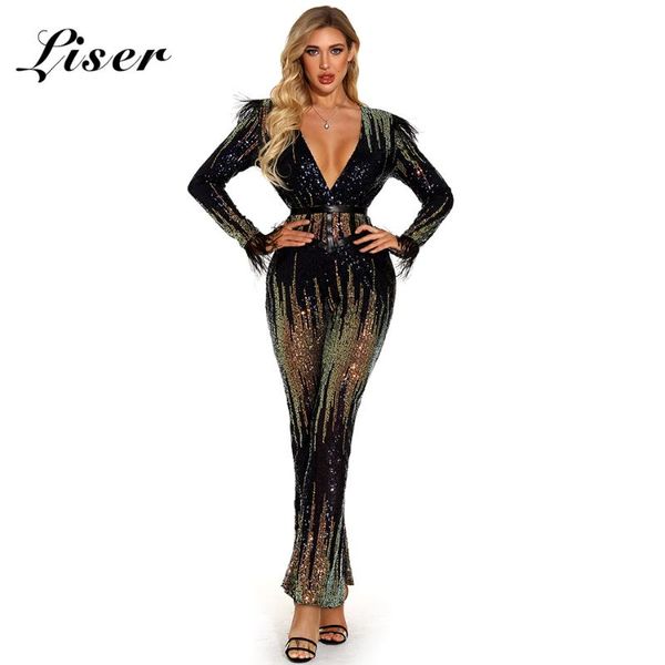 

women's jumpsuits & rompers liser 2021 summer women v neck sashes sequined jumpuit bodycon elegant club celebrity party jumpsuit vestid, Black;white
