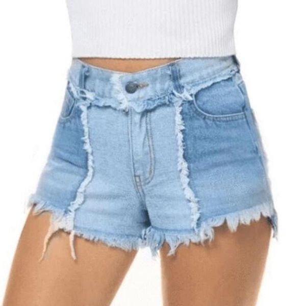 

women's jeans 2021 splice high waist denim pants with pockets female tassel bottom casual shorts #3, Blue