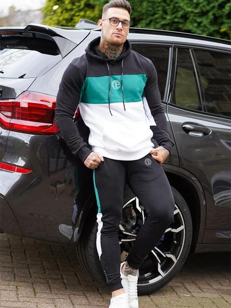 

men's tracksuits brand 2 pieces sets tracksuit men spring fashion hooded sweatshirt +drawstring pants male stripe patchwork hoodies big, Gray
