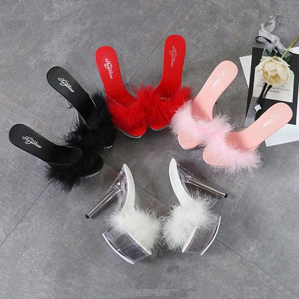 

feather woman slippers 15cm transparent high heel shoes fur big size 34- 43 thin sandals tws065, Black