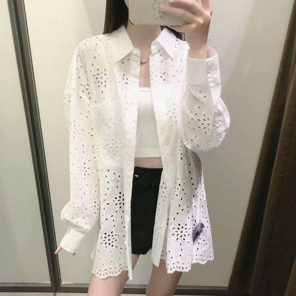 

women's blouses & shirts korean version of fashion pocket decoration hollow embroidered casual loose-fitting long-sleeved shirt top, White