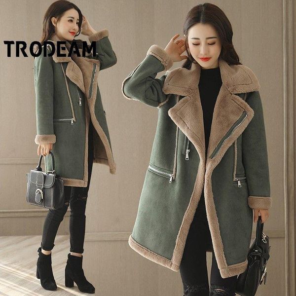 

women's fur & faux trodeam 2021 korean style long-sleeved middle length thick plus fleece jacket loose casual autumn winter warm coats, Black