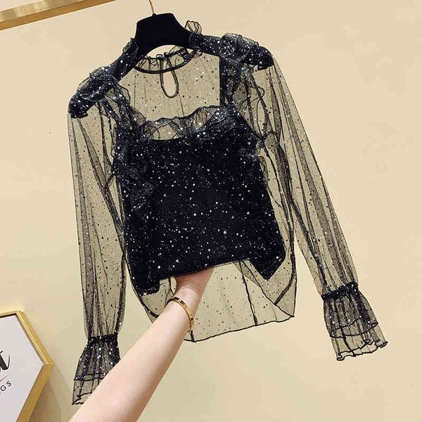 

blouses black mesh woman ruffles blouse female lady shirt sequins shirts womens and blouses nancylim, White