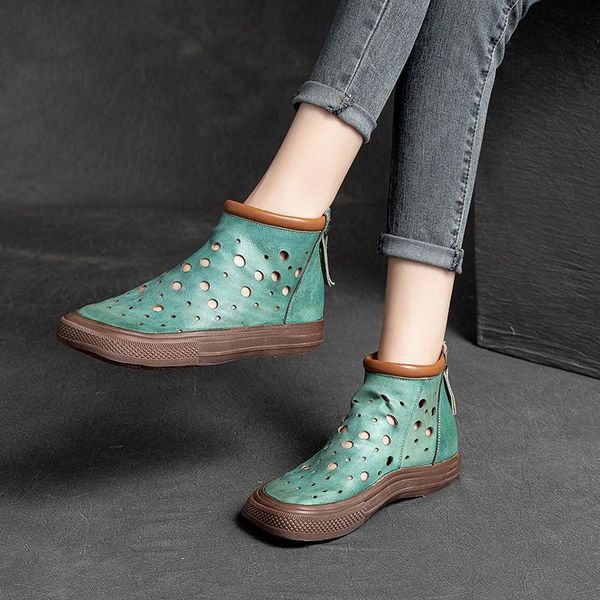 

women leather boots summer shoes for low heels hollow out green candy handmade genuine ankle brand2021, Black