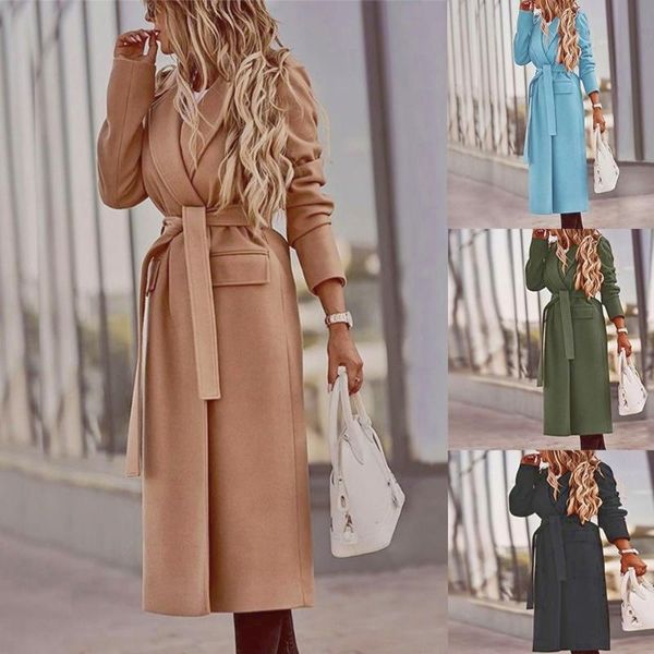 

women's wool & blends must-have item slim big lapel belt long sleeve coat temperament commuter cardigan woolen women ol winter, Black
