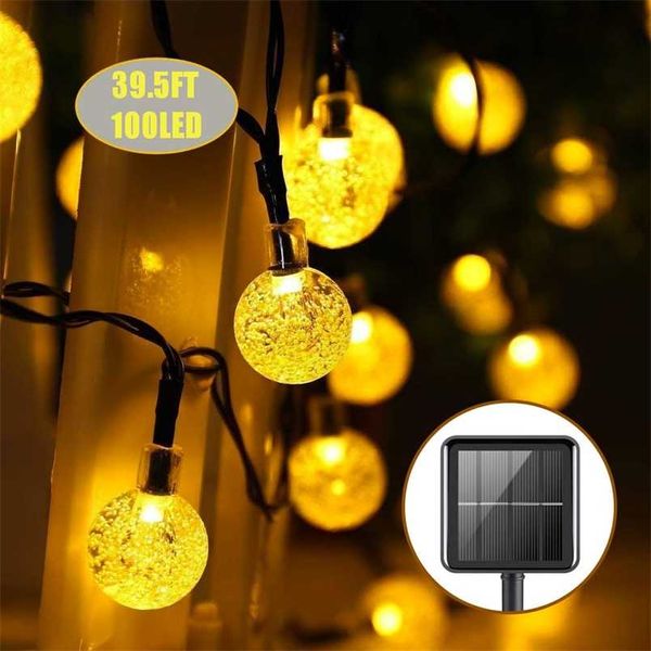 12M 100 LED-Kristallkugel-Solarwasserdichte Außenlichterketten Solarbetriebene Globe-Fee-Lichterketten für Weihnachten 211104