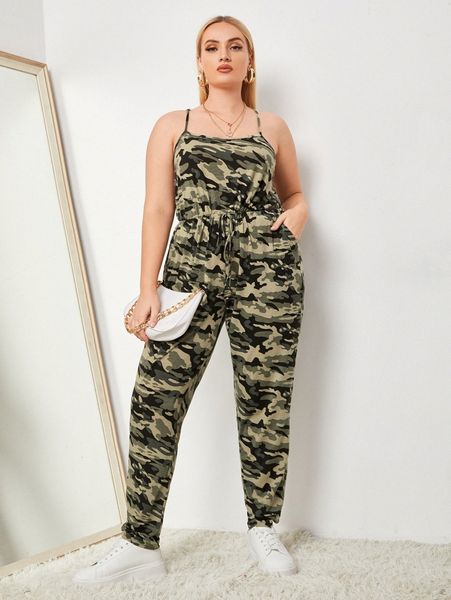

plus camo print slant pockets drawstring waist cami jumpsuit t7rv#, Black