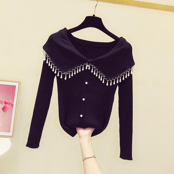 

women's sweaters 2021 autumn fashion bead tassel doll collar long-sleeved sweater casual slimming girls black knit shirt top, White;black