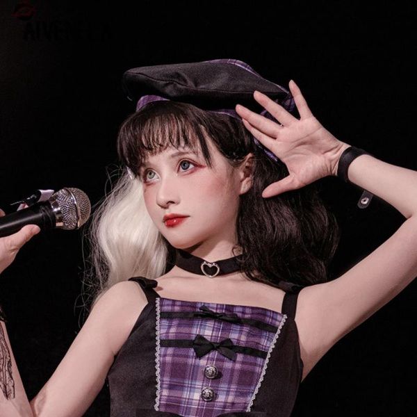 

berets harajuku rock hat punk girls female streetwear boina chic plaided bow hats afc1225, Blue;gray