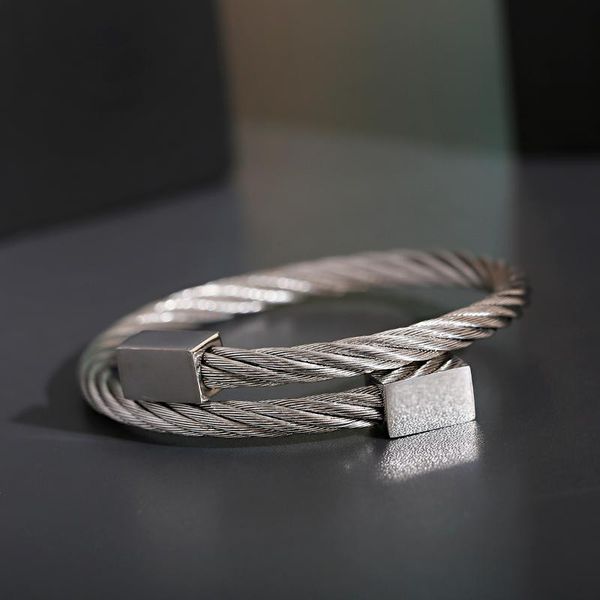 

bangle fashion men's cuban bracelet charms square round stainless steel twisted for women adjustable, Black