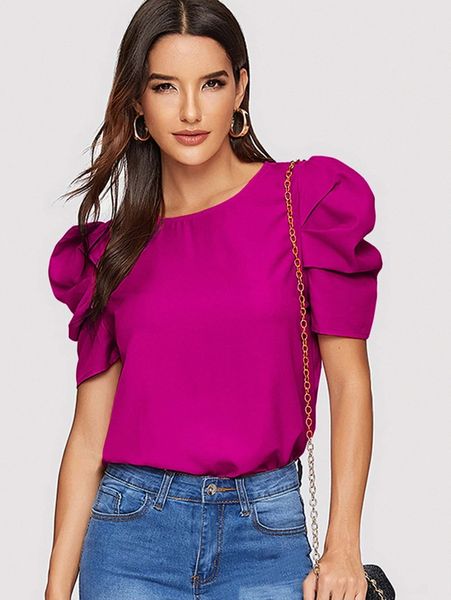 

pleated puff sleeve solid p2dq#, White