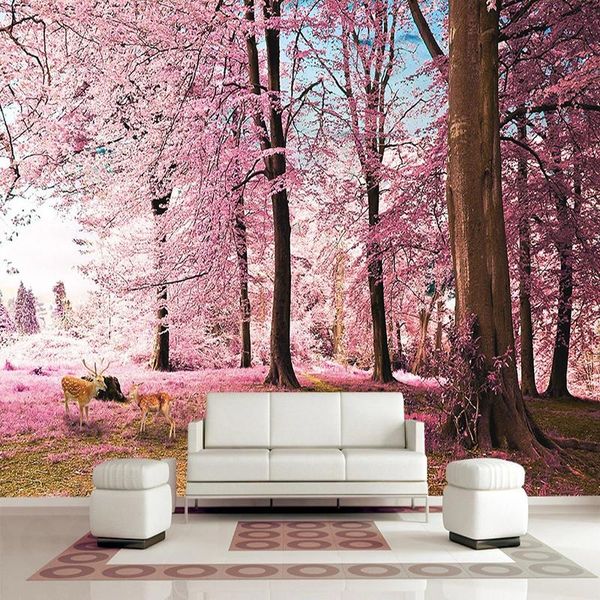 

wallpapers custom 3d wallpaper pink cherry tree scenery forest deer mural living room bedroom romantic home decor papel de parede