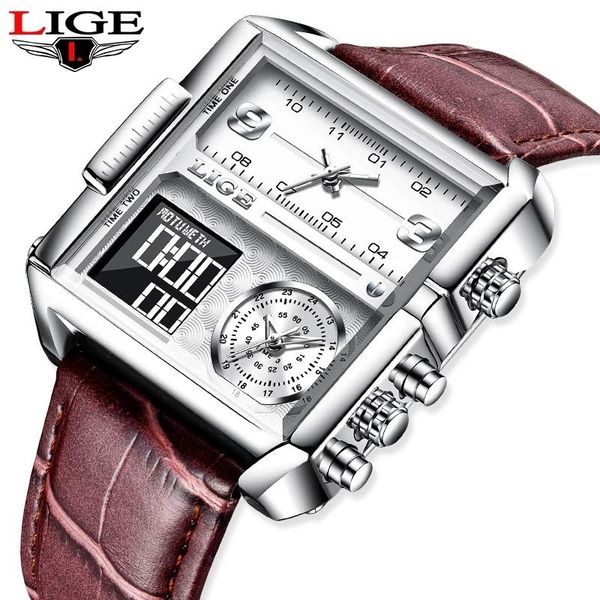 

wristwatches lige electronic quartz dual display men's watch waterproof sports multi-function leather business man relogio, Slivery;brown