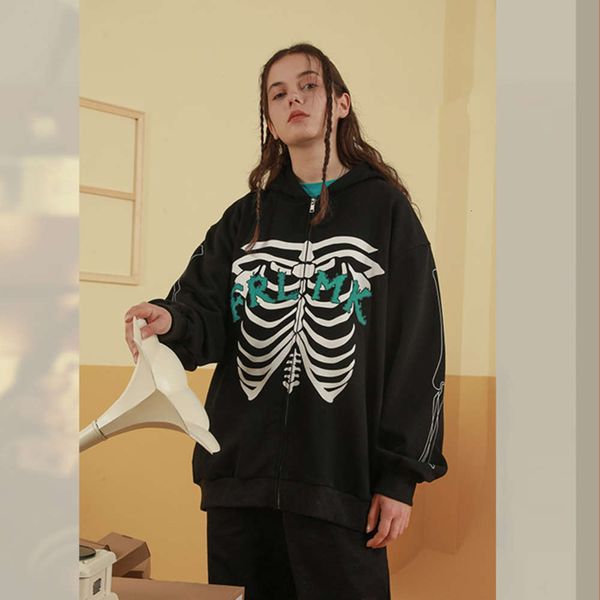 

frame printed zipper coat street fashion loose cardigan hoodie, Black;brown
