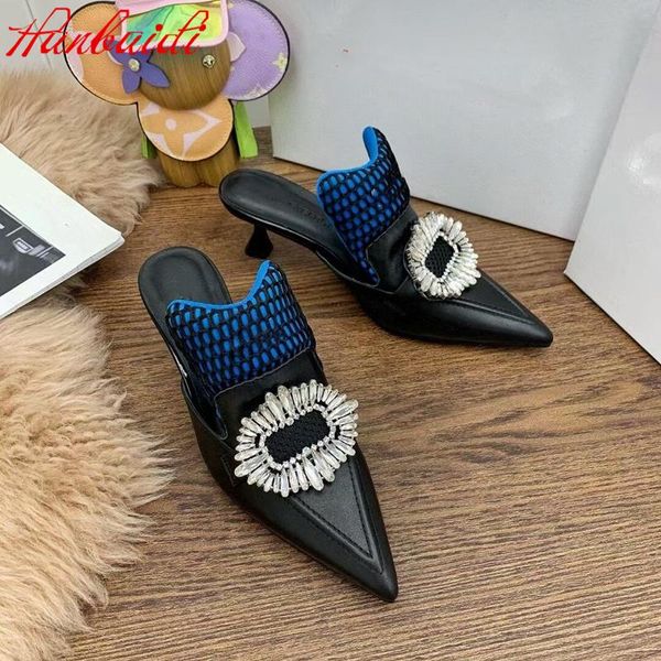 

summer slippers designer shiny crytsal women loafers high heels sandals flip flops pointed toe slides party dress shoe, Black