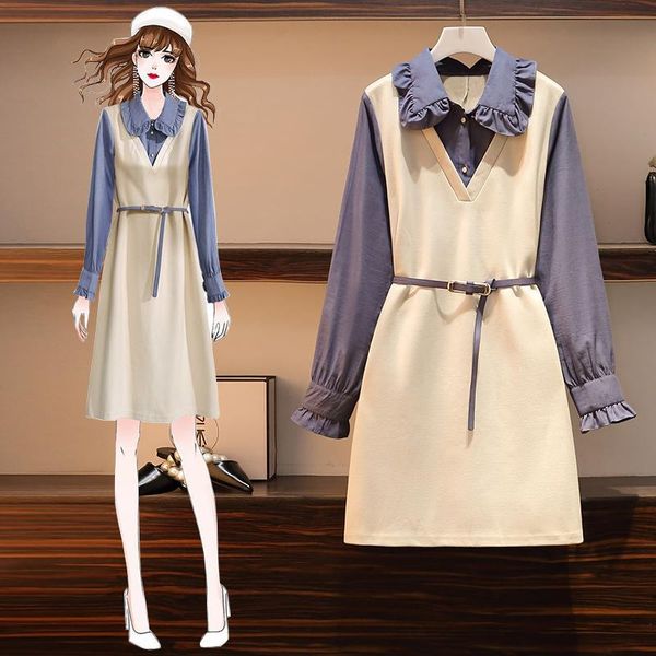 

casual dresses ehqaxin autumn womens stitching french retro a-line elegant long-sleeved pullover dress ladies with belt -4xl, Black;gray