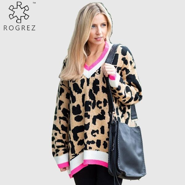 

women's sweaters rogrez office casual leopard sweater loose plus size knitting cotton winter women pullovers long, White;black
