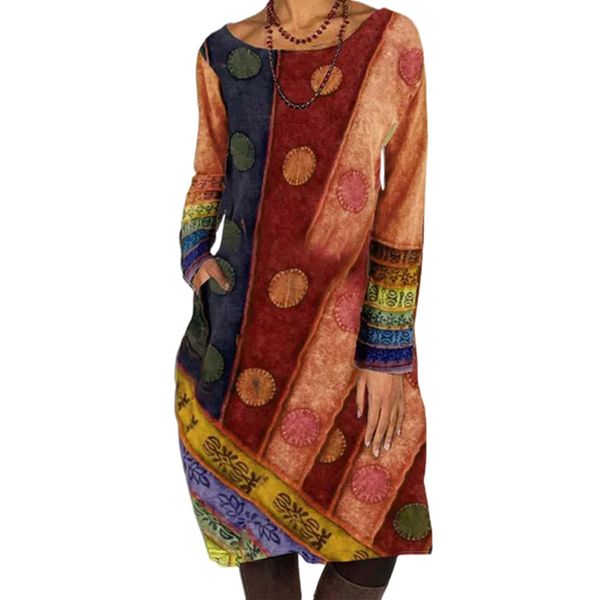 

plus size women dresses autumn winter long sleeve ethnic print patchwork pockets knee length dress good quality, Black;gray