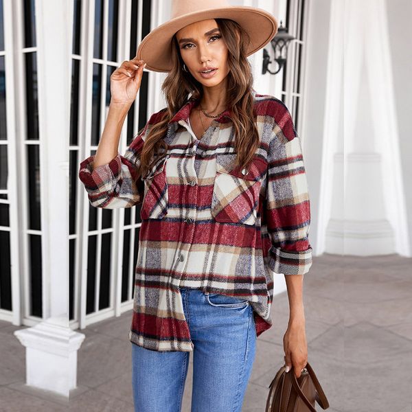

cardigan plaid blouse female shiying lapel loose casual shirt 255462, Black