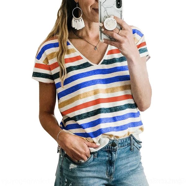 

v3z1 shiying short coat sleeve t-shirt female 2021 summerstripe contrast v-neck women's t-shirt female 2522488, White