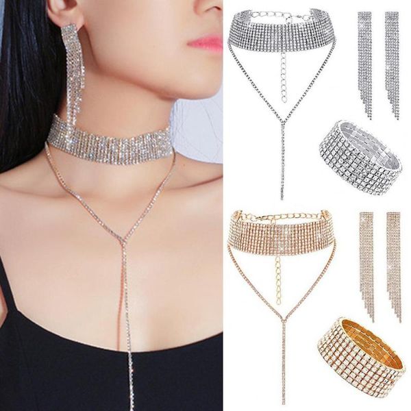 

earrings & necklace 1 set bridal bracelets tassel rhinestone jewelry adjustable lightweight for wedding, Silver