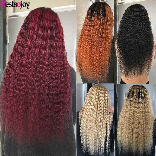 

sojoy curly human hair full 360 lace front wigs for women 613 blonde ombre mongolian remy 13x6 middle ratio1, Black;brown