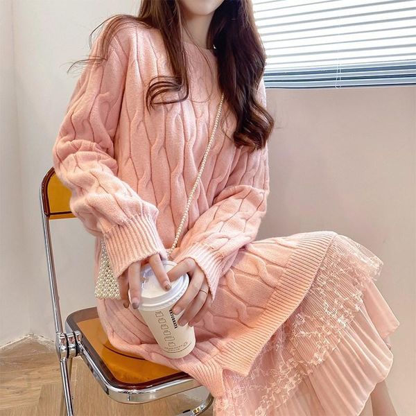 

casual dresses autumn winter women mesh sweater dress 2021 cute knitting tulle fashion preppy style long sleeve o-neck, Black;gray