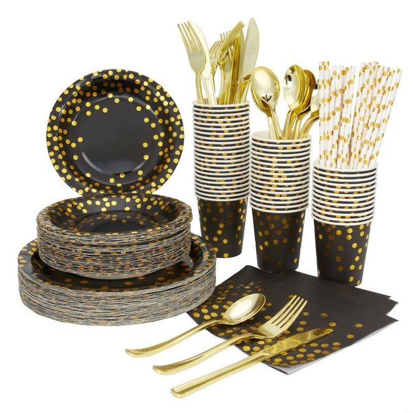 Dininar utensílios de jantar descartáveis ​​Black Series Gold Stamping Tableware Placas de guardana