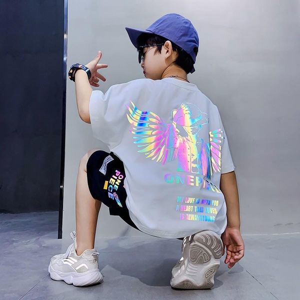 

clothing sets summer kids clothes for boy 4 6 8 10 12 14 year fashion print reflective short sleeve & pants school children outfits, White