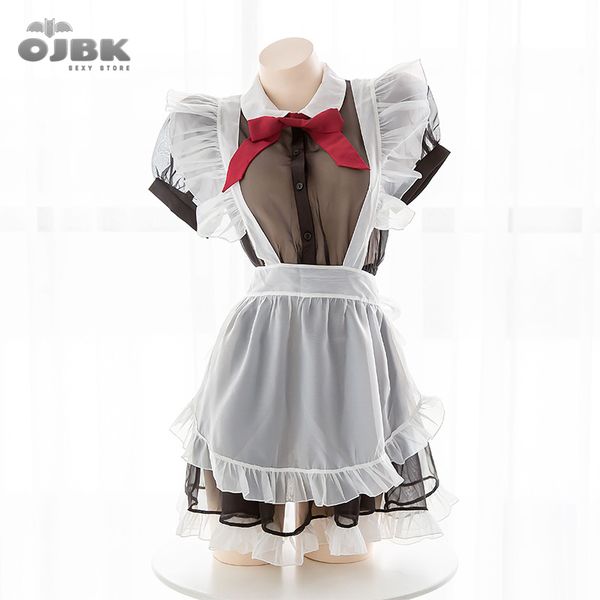 

ojbk new kawaii transparent cosplay costumes maid lingerie for women temptation dress with cute bowknot, Black;white