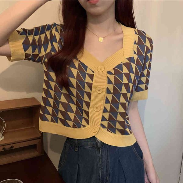 

women's sweaters short heart chess with low-cut v, feminine, argargyle sweater, cropped button, fine summer, korean women's fashio, White;black