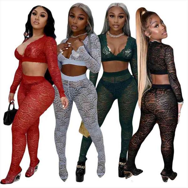 

sheer mesh two piece womenpant set deep v neck long sleeve crop high waist lace leggings transparent club party, White