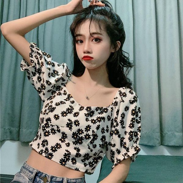 

crop women daisy short blouse vintage 2021 summer fashion print floral shirt casual chiffon blouses boho women's & shirts, White