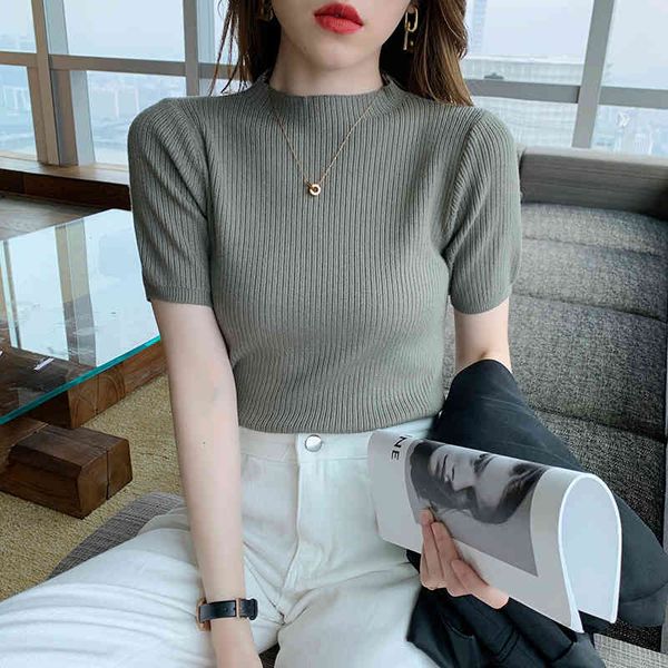 

t shirts summer knitted basic solid knit t-shirt women casual short sleeve tee-shirts female fashion 2h3x f310, White