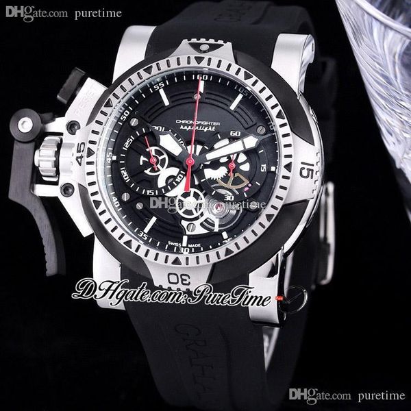 

2022 chronofighter 44 miyota quartz chronograph mens watch two tone steel pvd black bezel skeleton dial white stick markers rubber satch pur, Slivery;brown