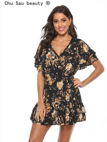 

chu sau beauty boho magpie print mini dress women holiday fashion v-neck sashes loose summer dresses mujer vestido 210508, Black;gray