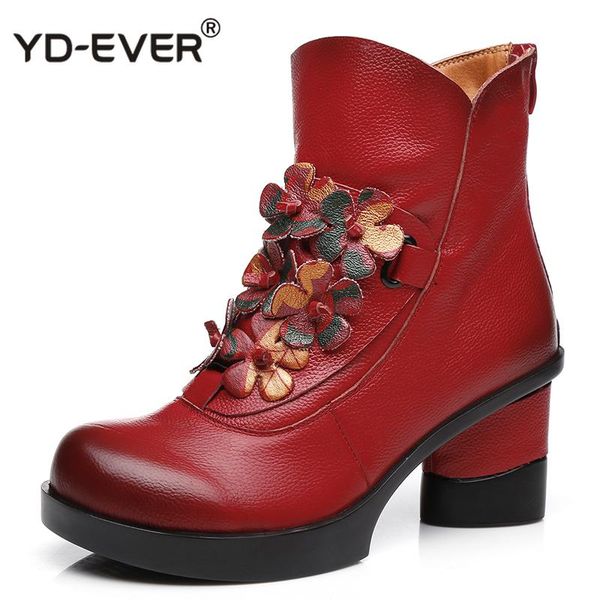 

boots autumn winter fashion genuine leather shoes women's casual women thick high heels handmade woman ankle, Black