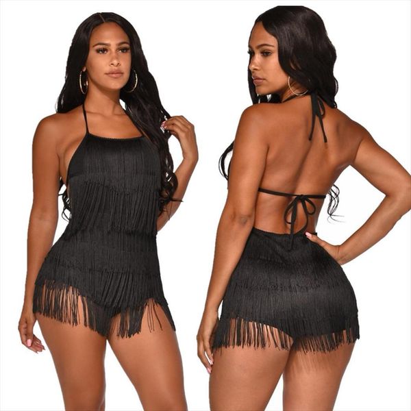 

multi layered fringed womens jumpsuit lotus leaf cake short women halter backless bodysuit summer outfits with tassel, Black;white