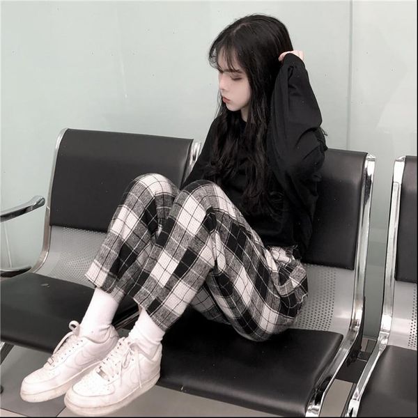 

womens pants harajuku plaid for women trousers streetwear woman harem autumn ladies causal plus size, Black;white